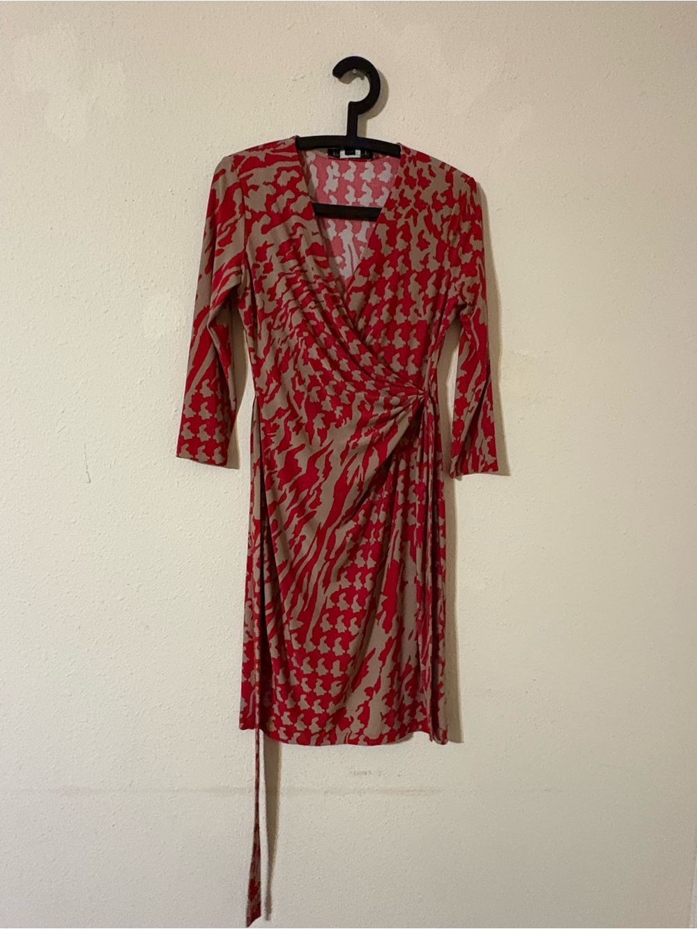 Nine West Red and Beige Long Sleeve Wrap Dress